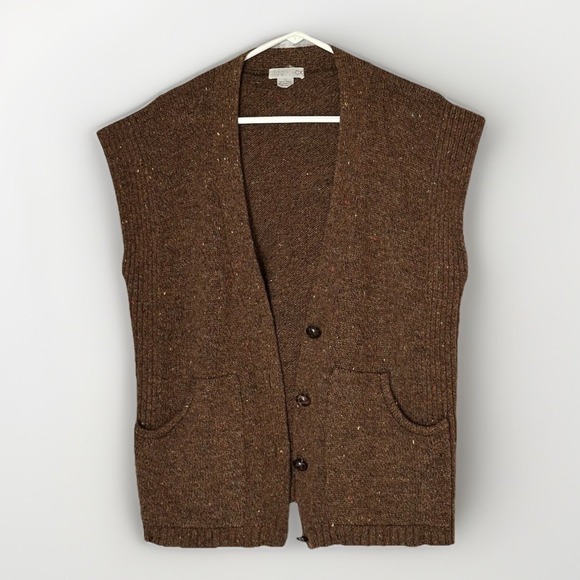 VTG Grandpa Sweater Vest Brown Speckled Knit 100% Wool Cardigan Grunge Cozy L